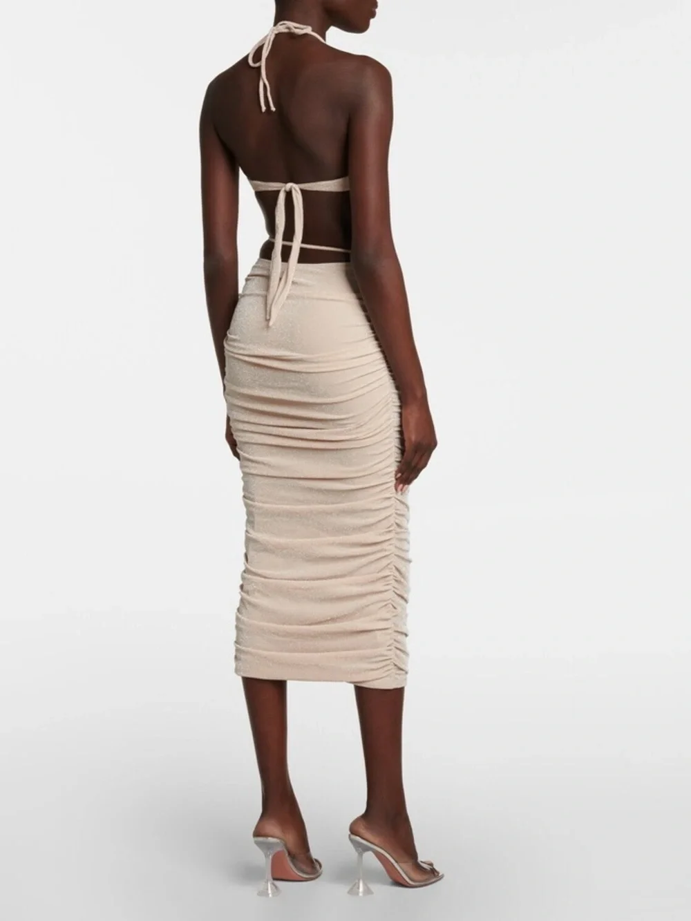 Sculpted Ruched Midi Dress in Glitter Neutral Beige - Picture 2 of 6